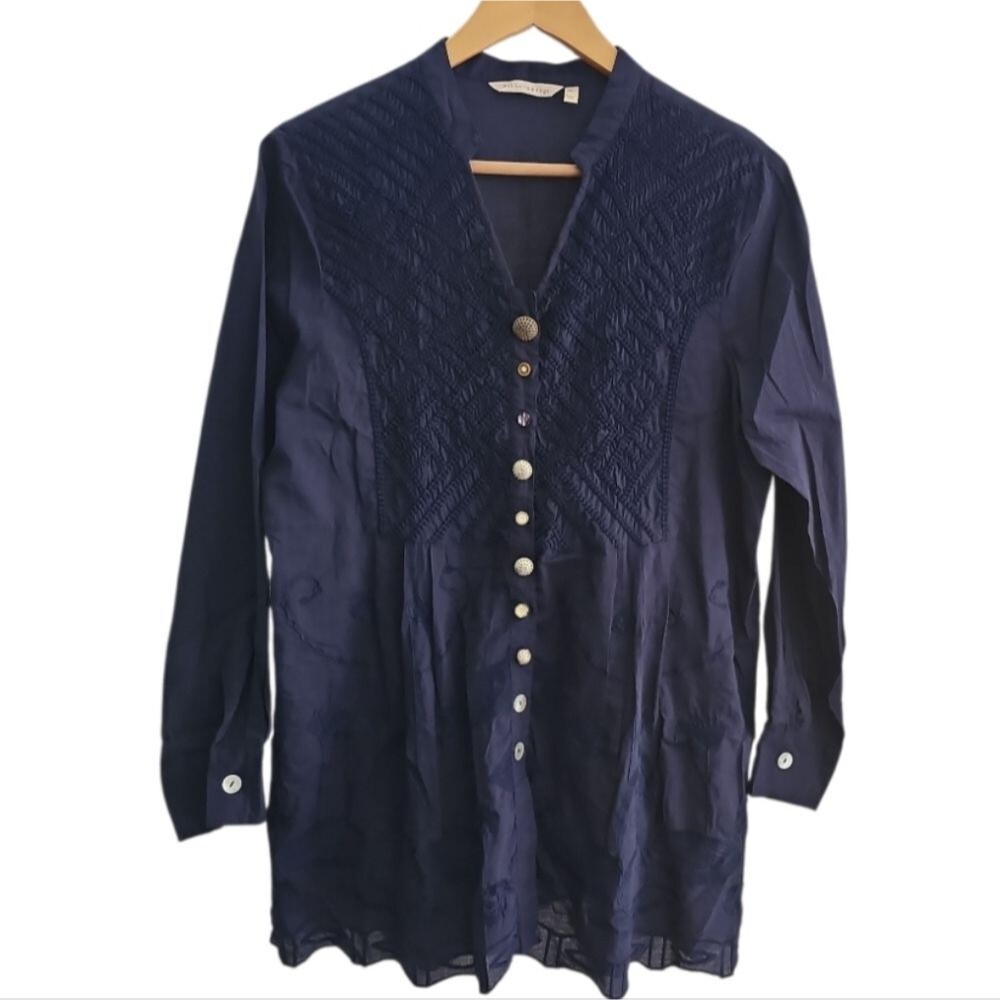 Soft Surroundings Alka Tunic Top Sz LP Navy Blue 100% Cotton Boho Button Front